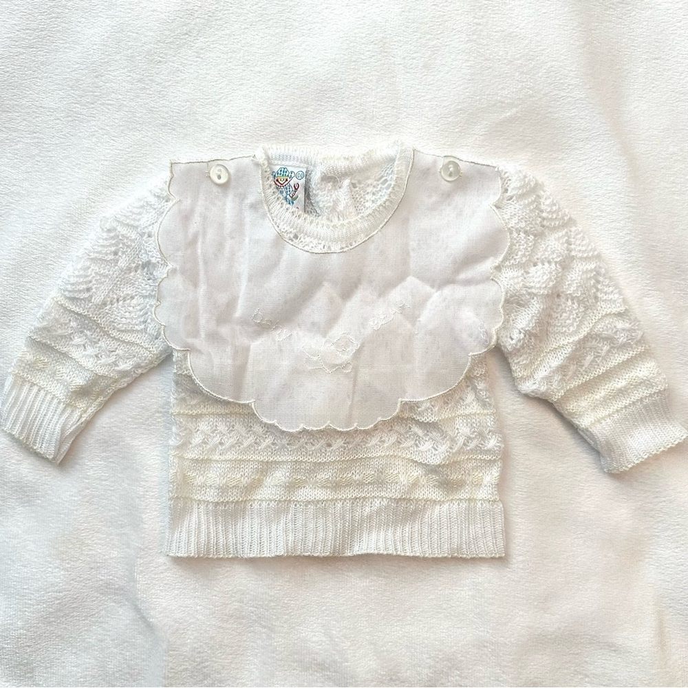 Vintage Rodes Ivory Knit Baby Bear Sweater 0-3M Scalloped Bib Buttonback Neutral